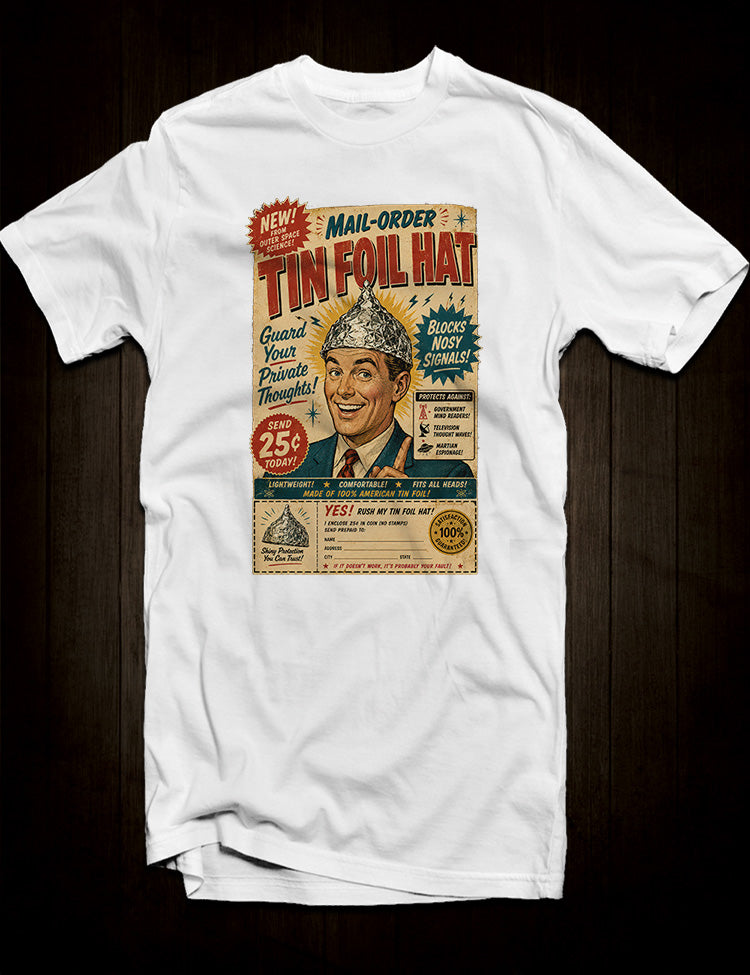 Conspiracy culture graphic T-shirt featuring classic aluminium foil headgear