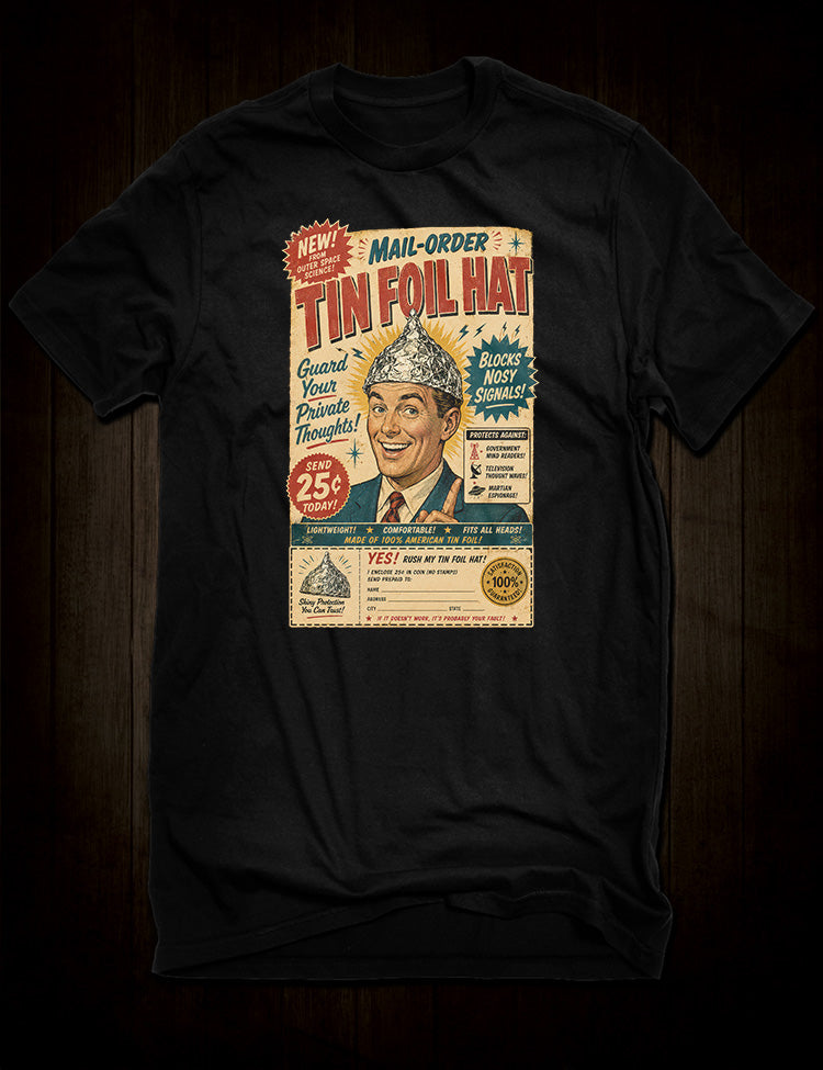 Tin Foil Hat T-Shirt inspired by conspiracy culture and mind control folklore