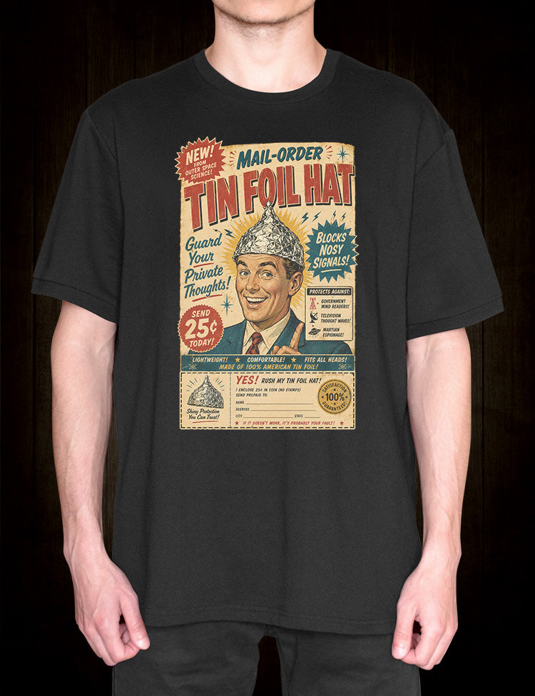 Vintage science fiction Tin Foil Hat T-Shirt with paranoid mind control theme