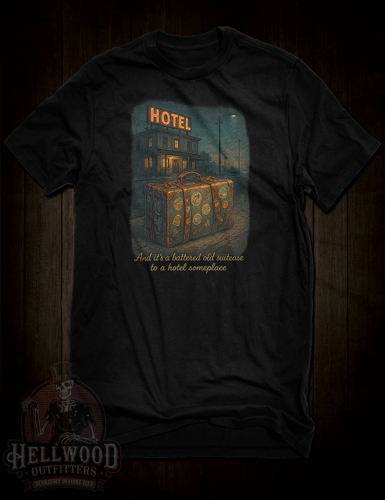 Tom Traubert’s Blues lyric t-shirt design suitcase hotel