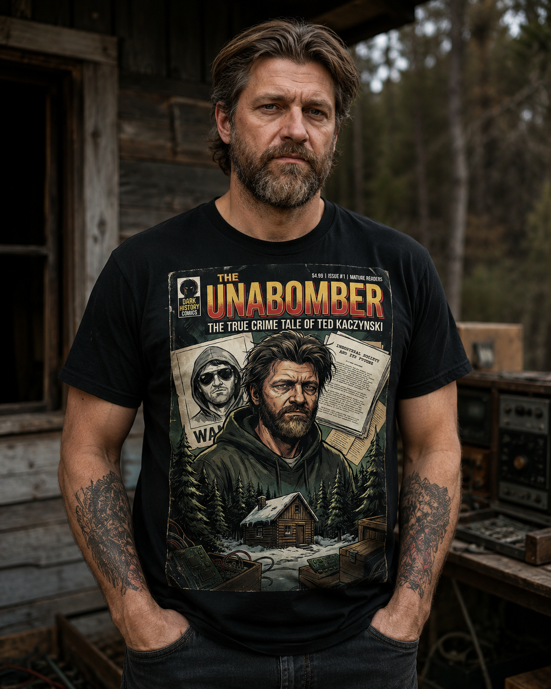 Ted Kaczynski comic book shirt with cabin and homemade electronic devices