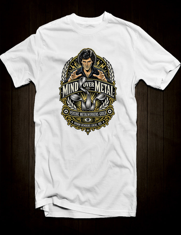 Uri Geller spoon bending shirt with Mind Over Metal artwork