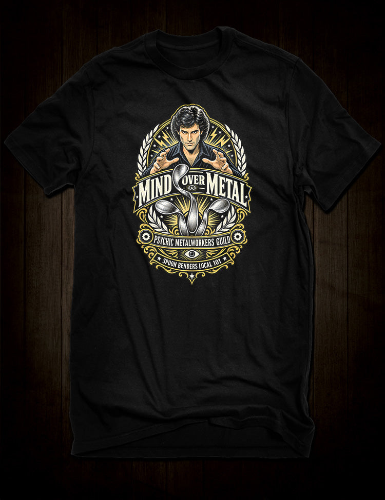 Uri Geller Mind Over Metal T-Shirt with psychic spoon bending design
