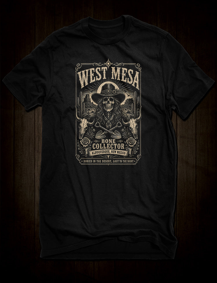 The West Mesa Bone Collector T-Shirt featuring a Southwestern true crime design