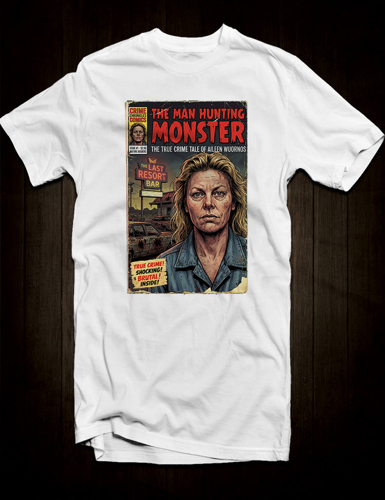 Illustrated Aileen Wuornos design in a distressed horror comic style