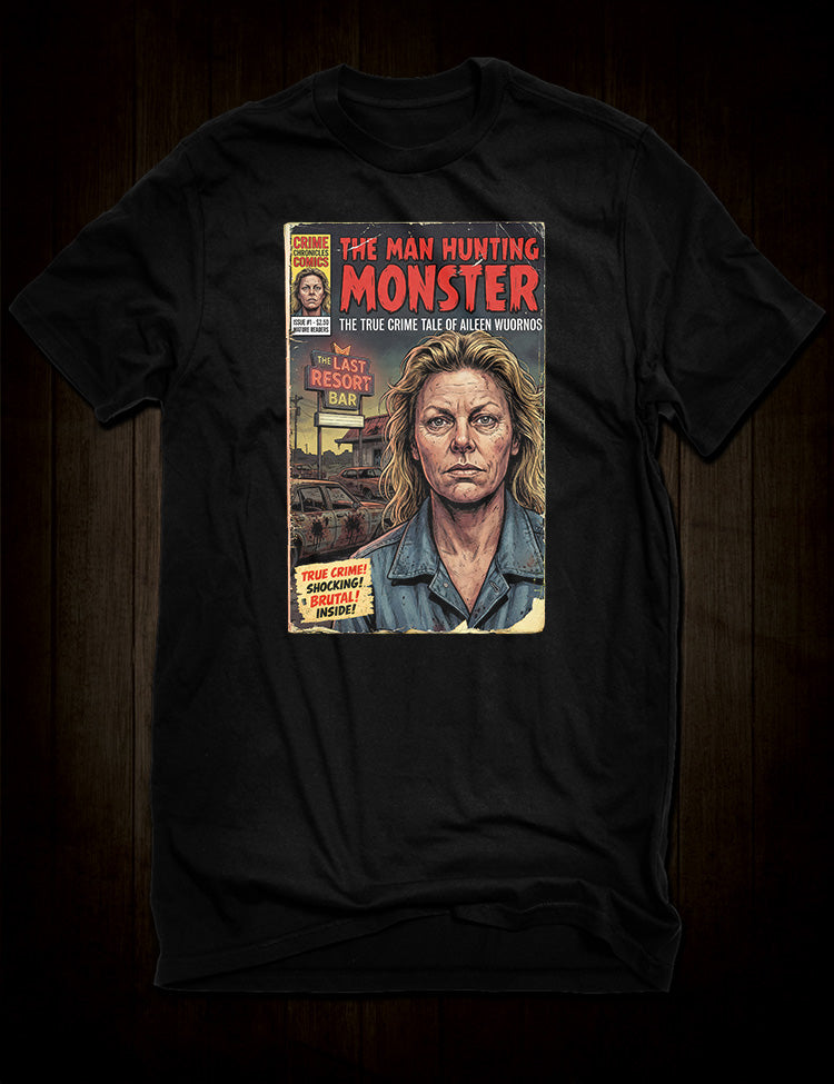 Aileen Wuornos Comic Book T-Shirt featuring a vintage true crime cover design