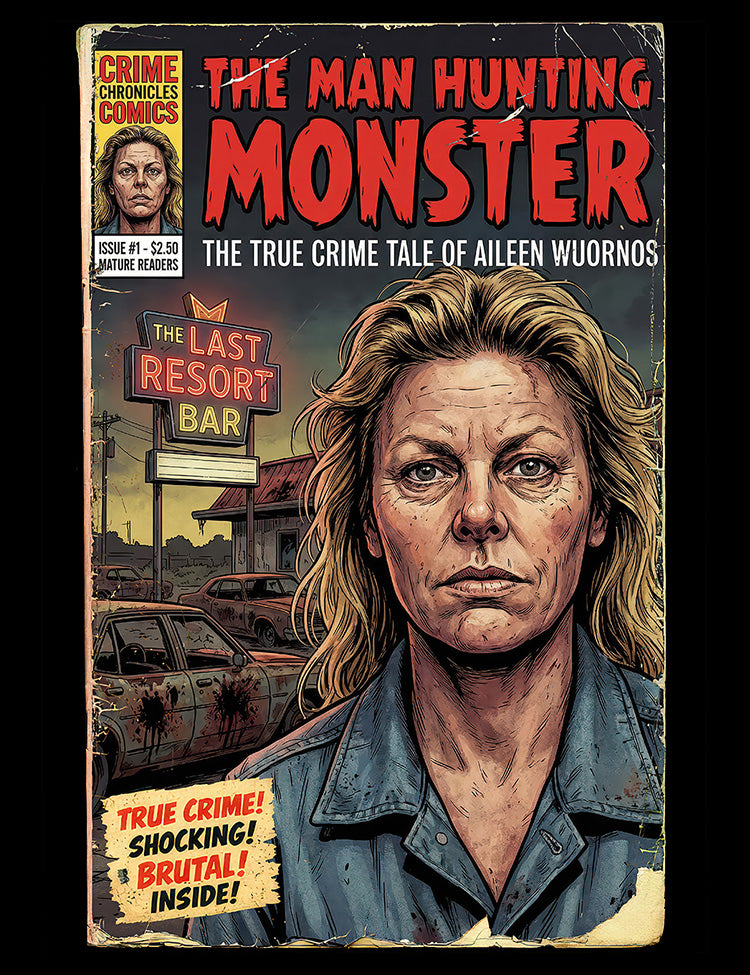 Retro crime comic artwork inspired by the Aileen Wuornos murder case