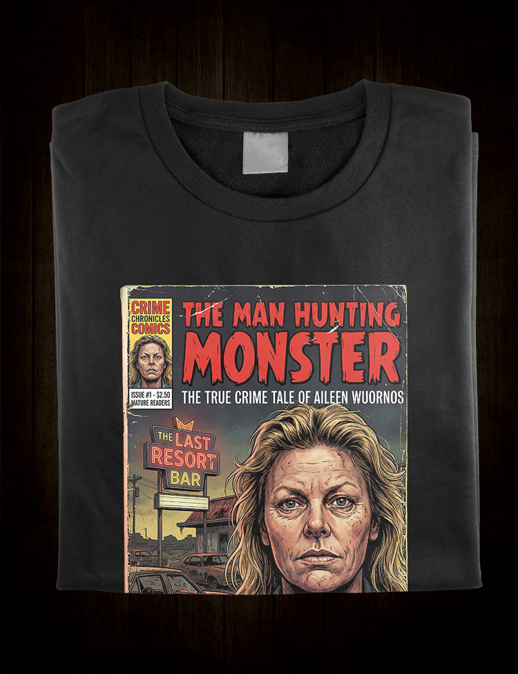 Distressed crime chronicles artwork portraying Aileen Wuornos