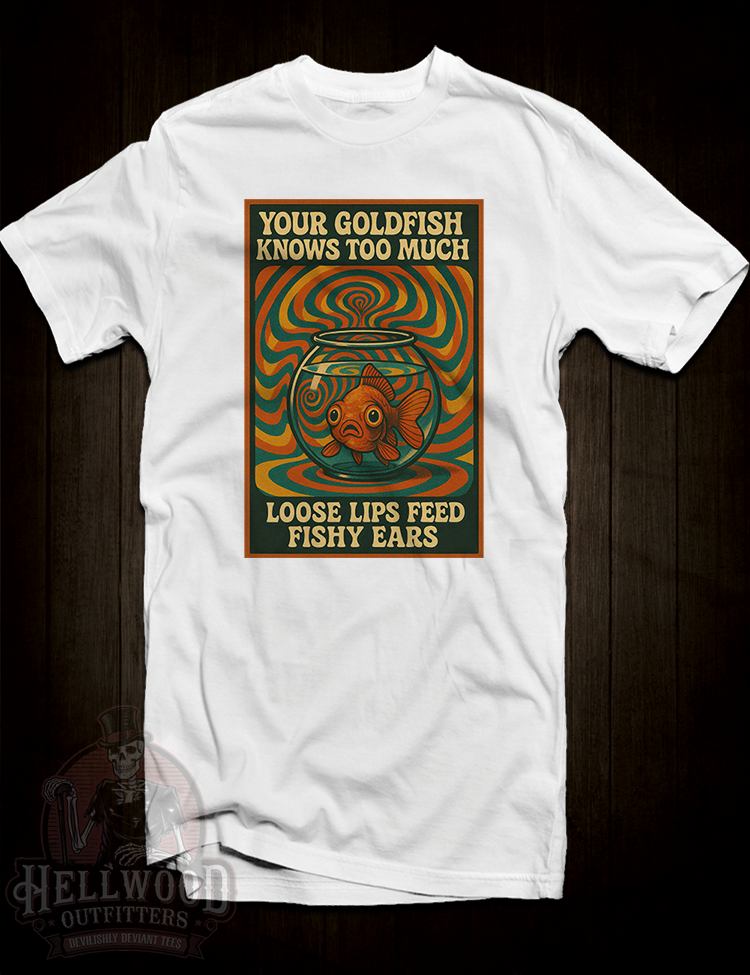 Hellwood Outfitters goldfish paranoia cult satire shirt