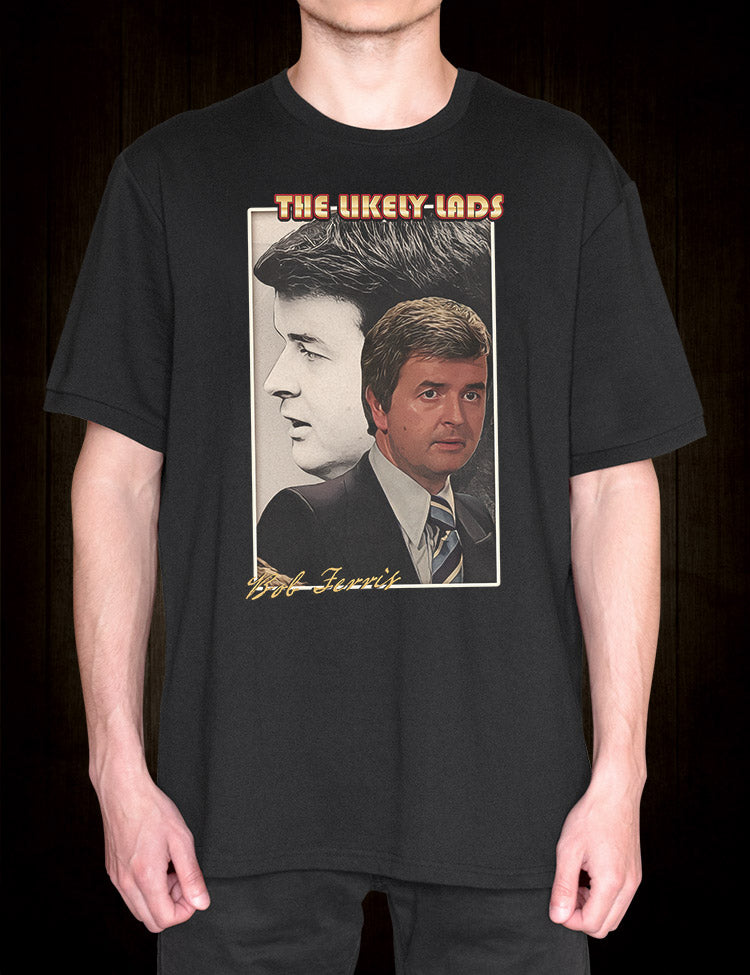Comfortable cotton t-shirt with a bold print of Bob Ferris, the ambitious and upwardly mobile character from 'The Likely Lads.'