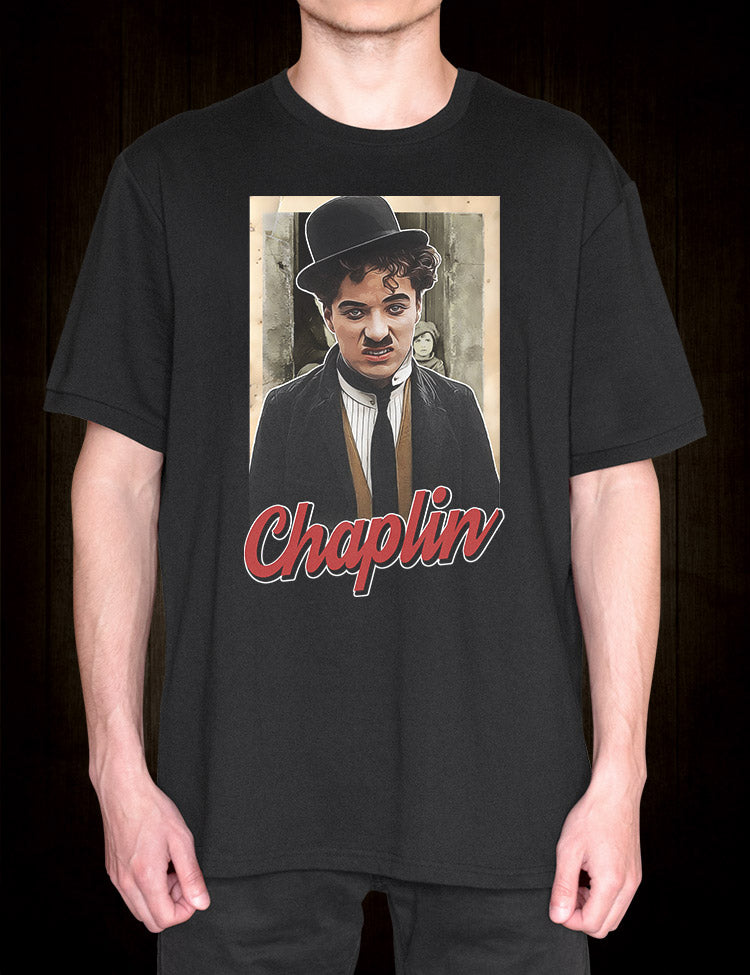 High-quality cotton t-shirt with a vibrant and detailed graphic of Charlie Chaplin as The Tramp, perfect for film enthusiasts and lovers of classic Hollywood.