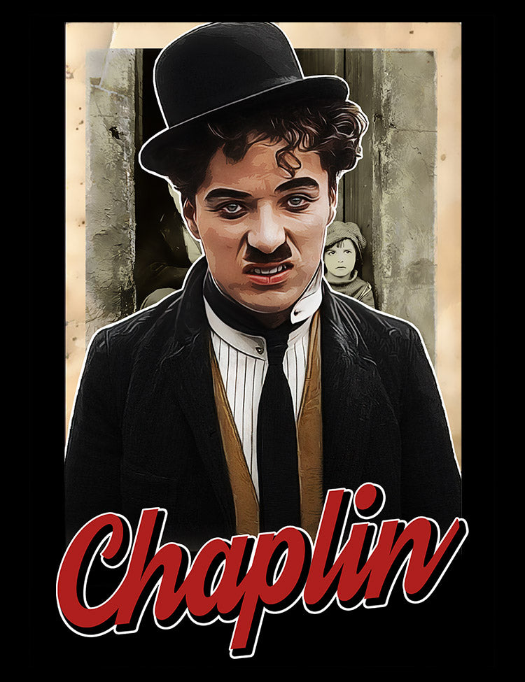 Vintage-style t-shirt with a bold and eye-catching image of Charlie Chaplin's Tramp, capturing his timeless humor and charm.