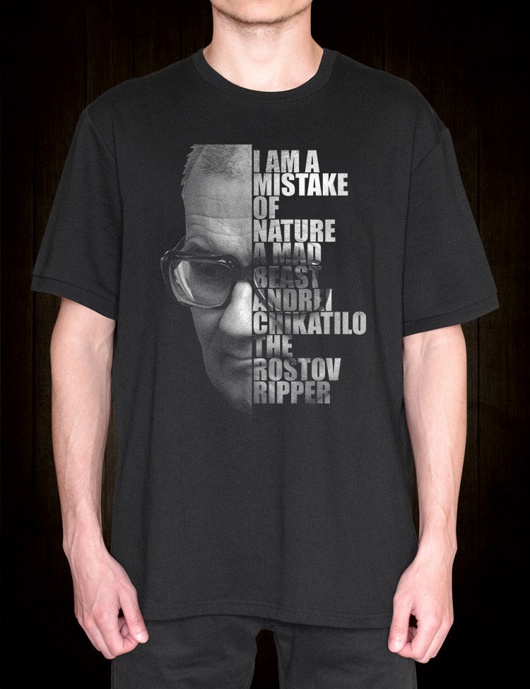 A bold and edgy t-shirt featuring the chilling image of the Rostov Ripper, perfect for true crime enthusiasts.