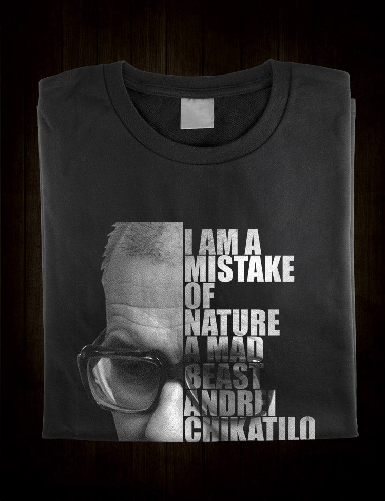 The Andrei Chikatilo t-shirt featuring a stylized portrait of the infamous serial killer.