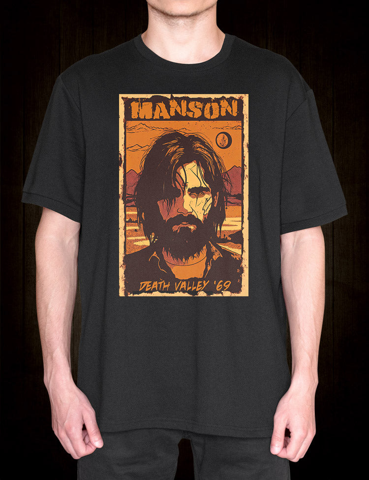 Black t-shirt with Charles Manson Death Valley 69 design