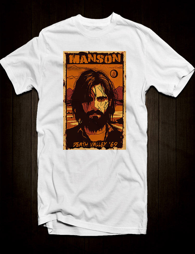 White  t-shirt with Charles Manson Death Valley 69 design