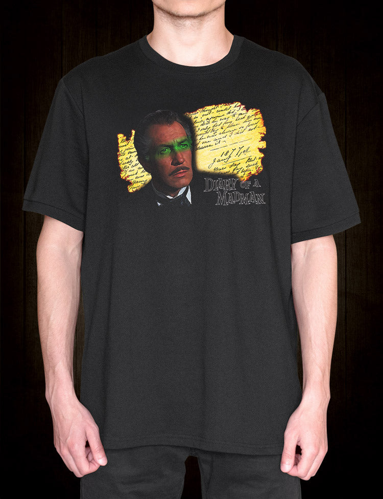 A classic movie-inspired t-shirt, featuring Vincent Price's iconic role in "Diary of a Madman" in a bold and striking design