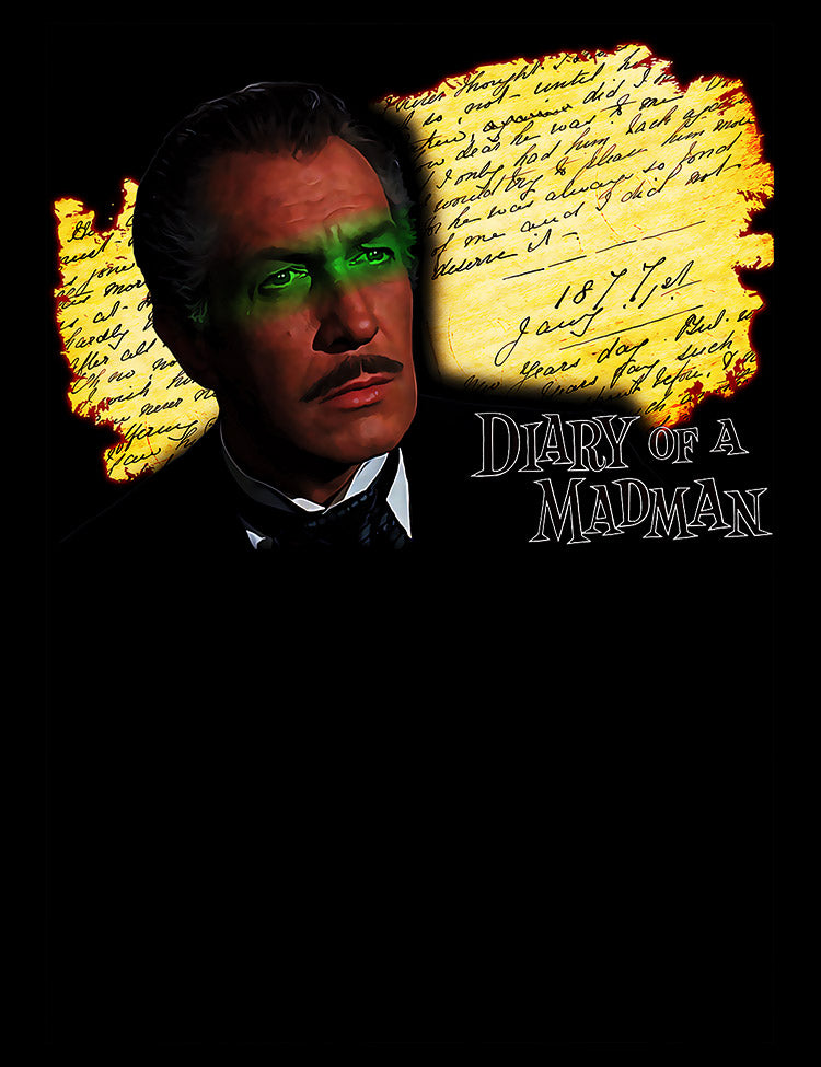 A stylish and unique t-shirt that pays tribute to the legendary Vincent Price, with a haunting image and bold text that captures the essence of "Diary of a Madman."
