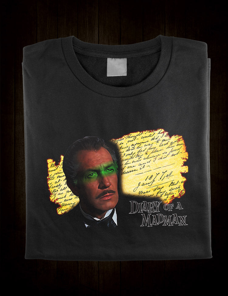 A horror movie-themed t-shirt, with a haunting Vincent Price graphic that captures the eerie atmosphere of "Diary of a Madman."