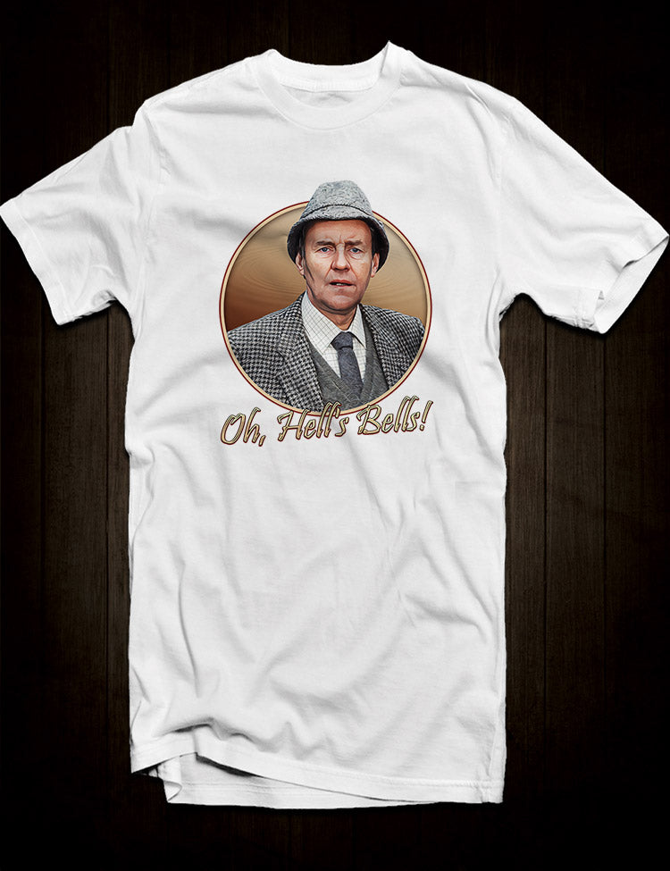 White Ever Decreasing Circles t-shirt featuring Martin Bryce and his catchphrase "Oh, Hells Bells"