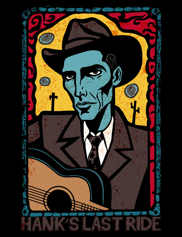 Hank's Last Ride: A vibrant t-shirt inspired by Hank Williams and folk art