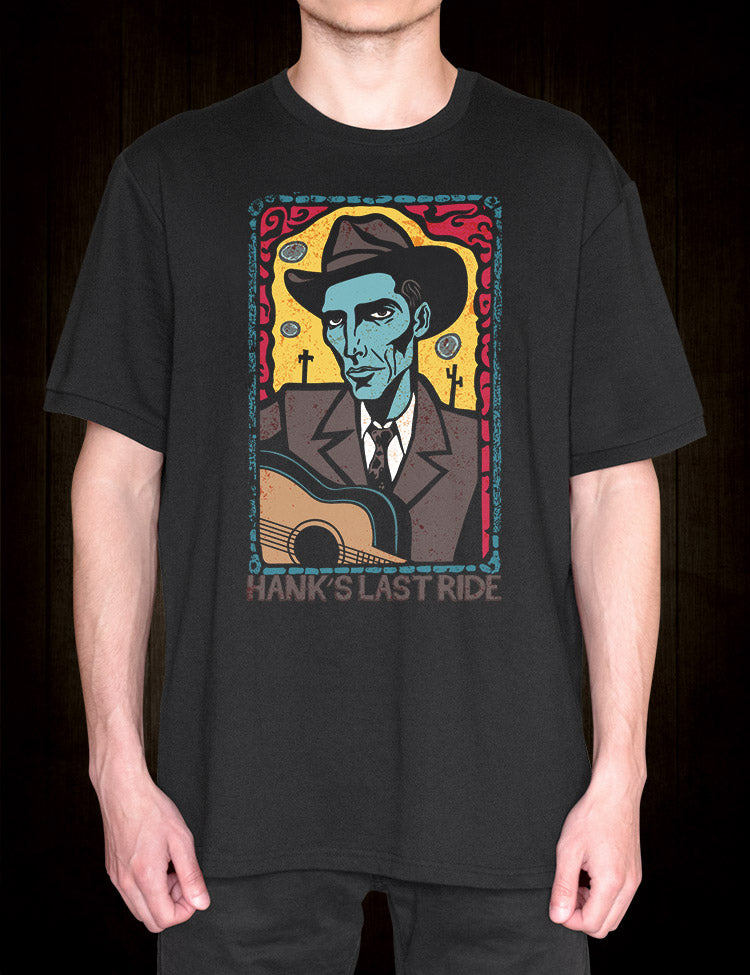 Hank's Last Ride: A vibrant t-shirt inspired by Hank Williams and folk art