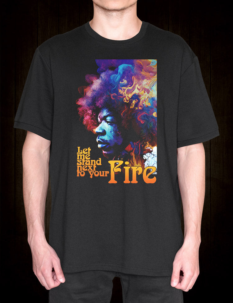 Jimi Hendrix Fire T-Shirt front view with 'Fire' lyrics in bold colors