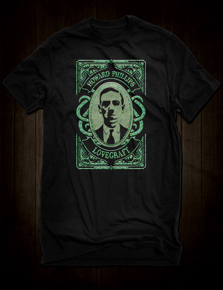 Black t-shirt featuring a haunting graphic inspired by the eerie and unsettling tales of H.P. Lovecraft, perfect for horror fans and lovers of dark literature.