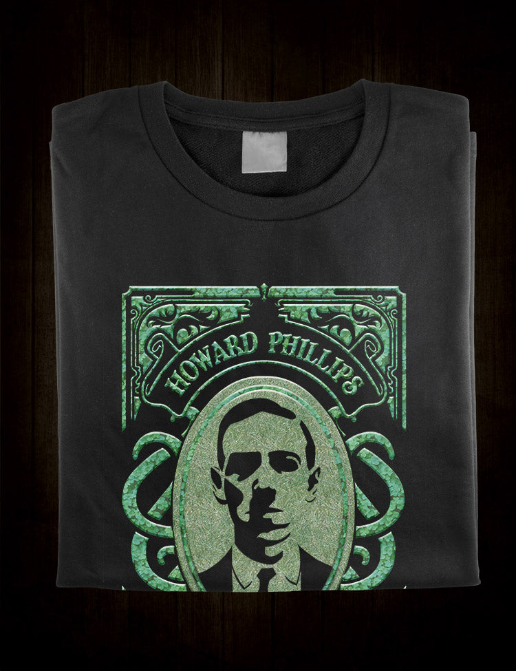 Vintage-style t-shirt with a bold and eye-catching graphic that pays homage to H.P. Lovecraft, one of the greatest horror writers of the 20th century.