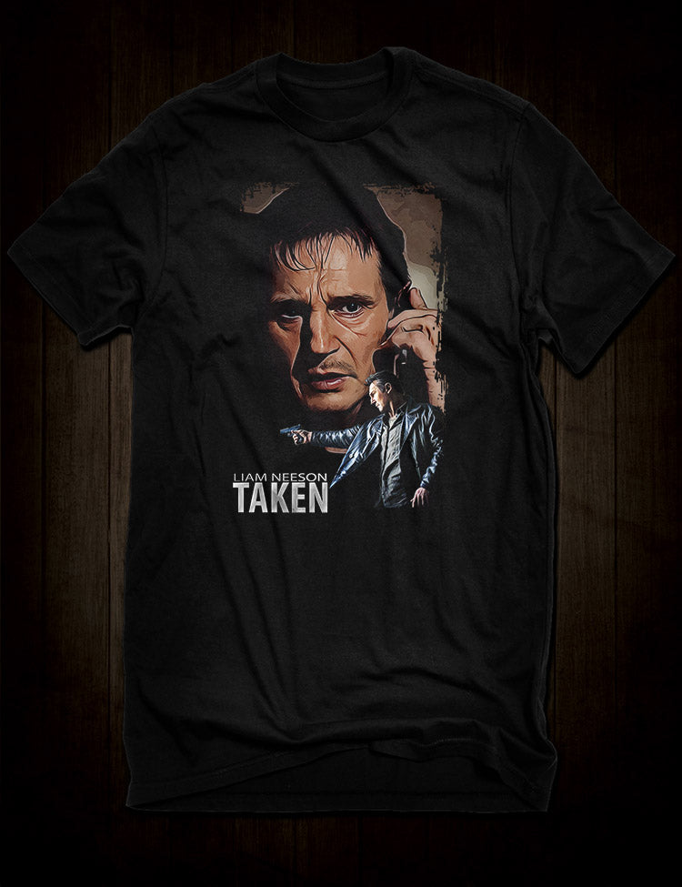 T-shirt showcasing Liam Neeson's unforgettable performance as Bryan Mills in Taken