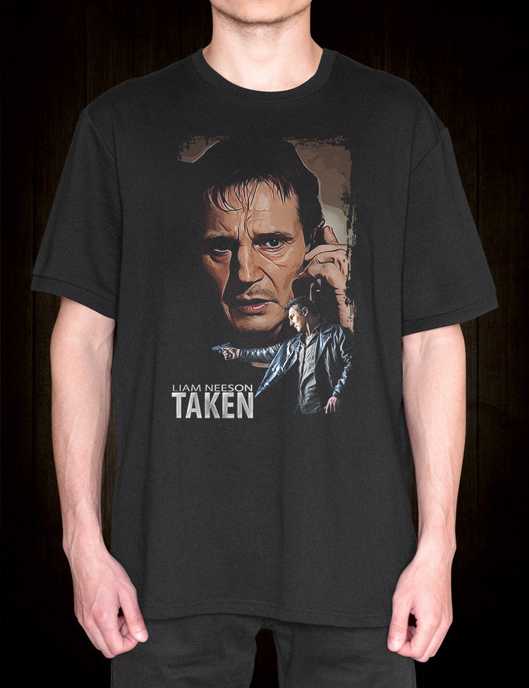 Liam Neeson Taken t-shirt with iconic film logo and imagery