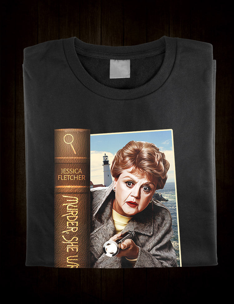 Black t-shirt with Jessica Fletcher and the Cabot Cove lighthouse