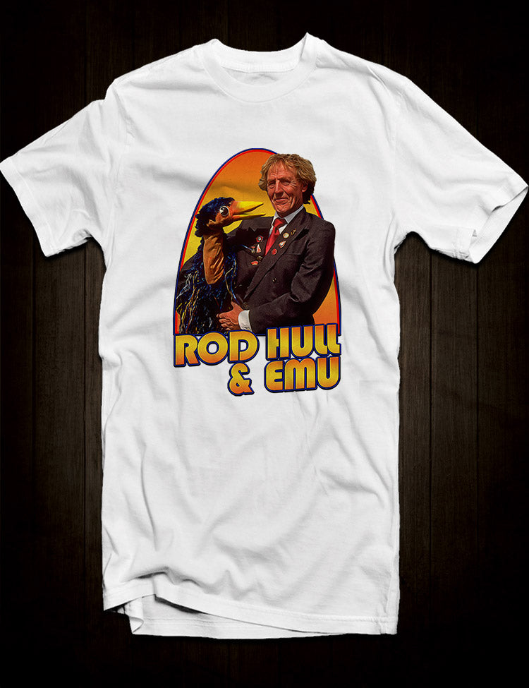 A fun and nostalgic Rod Hull and Emu graphic on a t-shirt.
