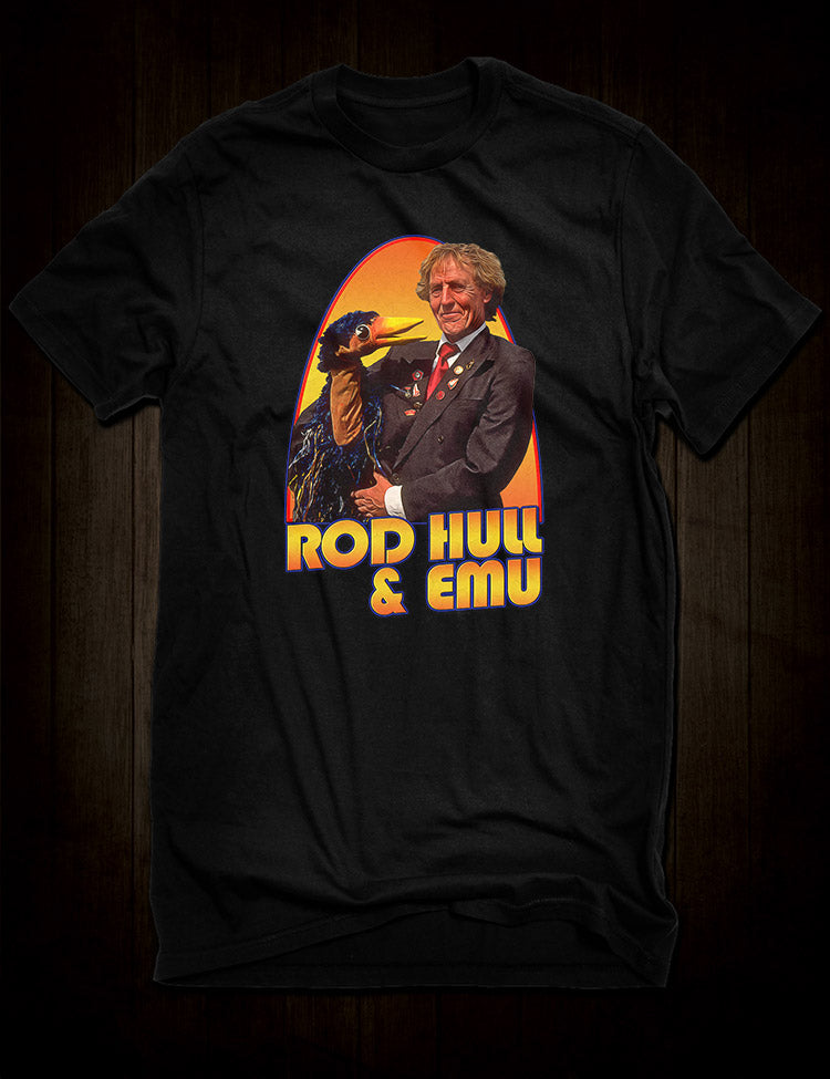 Rod Hull and Emu, the beloved entertainers, depicted on t-shirt.