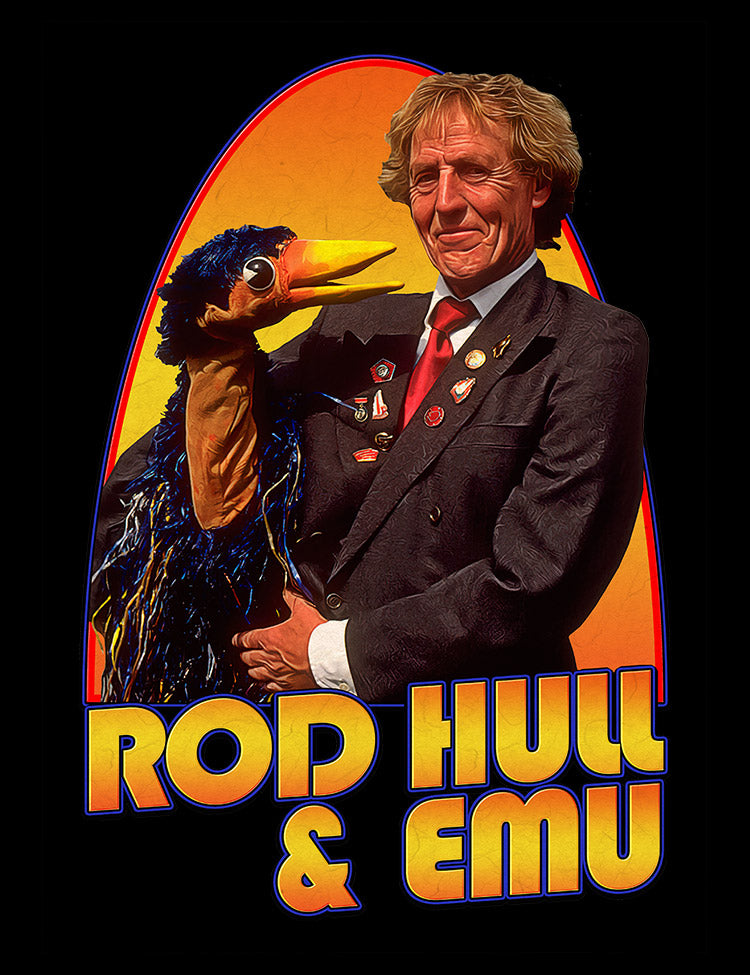 Comedian and puppeteer Rod Hull with his mischievous puppet Emu on t-shirt.