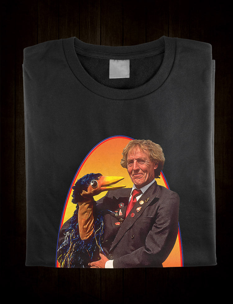 Rod Hull and Emu, the beloved entertainers, depicted on t-shirt.