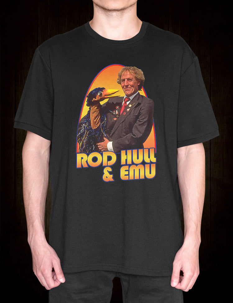 Black t-shirt featuring the mischievous Emu puppet and his creator Rod Hull.