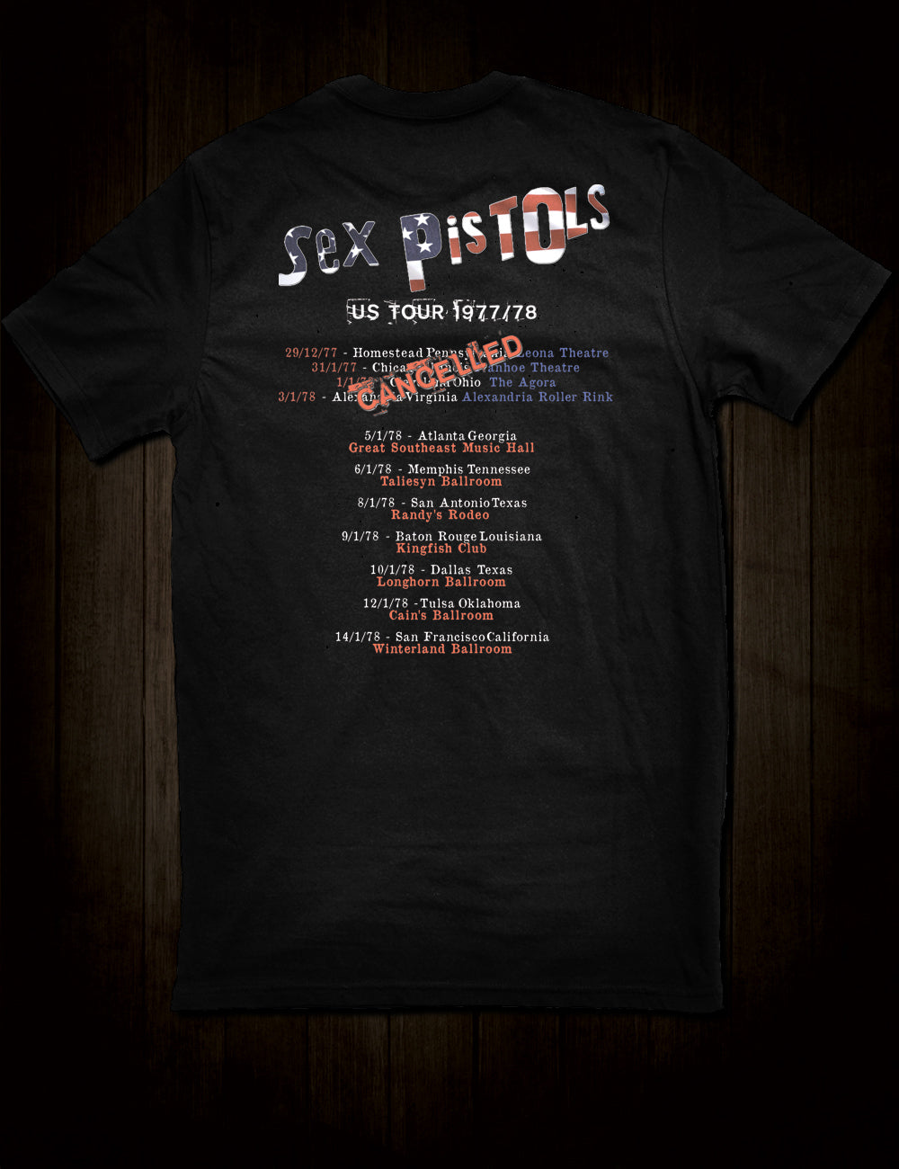 Sex Pistols US Tour Dates T-Shirt Backprint