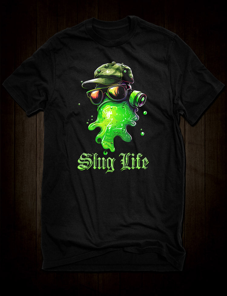 A cartoon slug with the words 'Slug Life' on a black t-shirt, inspired by Tupac Shakur's 'Thug Life'