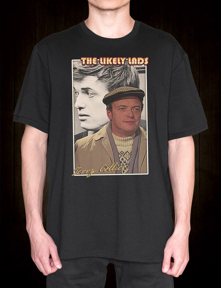 Fashionable t-shirt featuring the portrait of Terry Collier, the working-class rebel from 'The Likely Lads.'