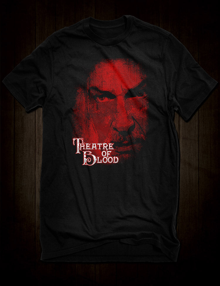 A black t-shirt featuring a haunting image of Vincent Price in character as Edward Lionheart from "Theatre of Blood."