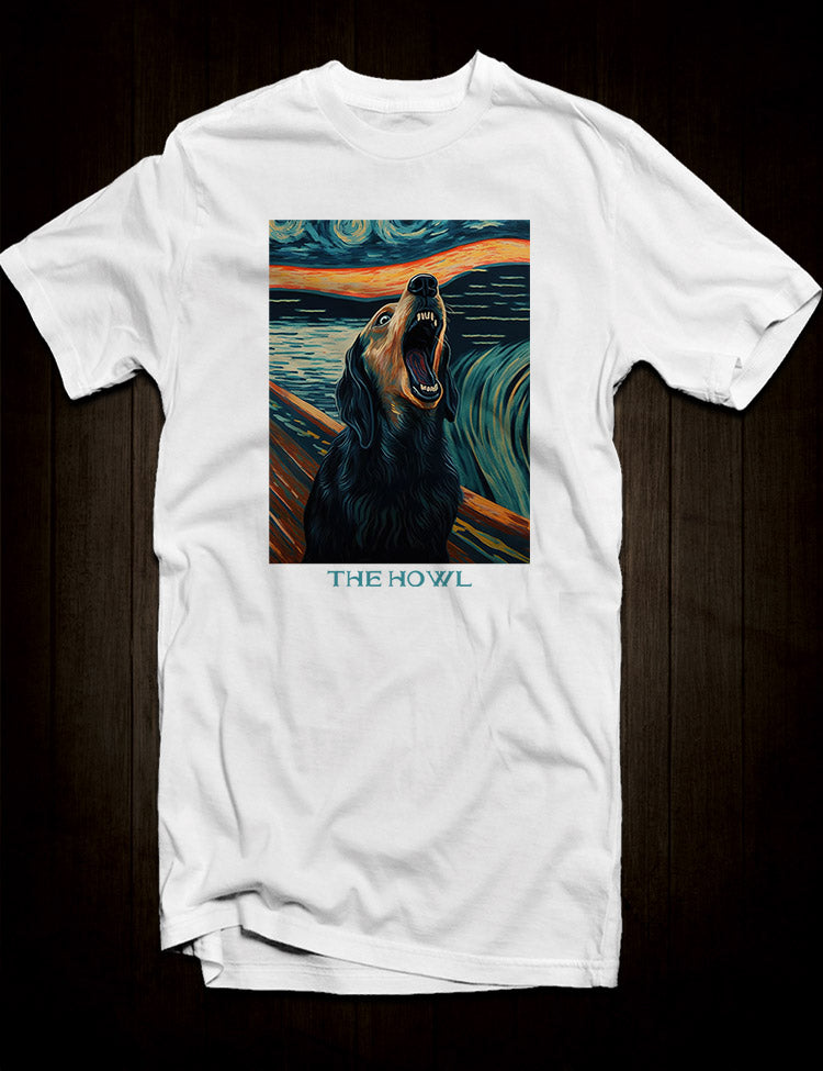 Edvard Munch parody t-shirt featuring a dog howling at the moon