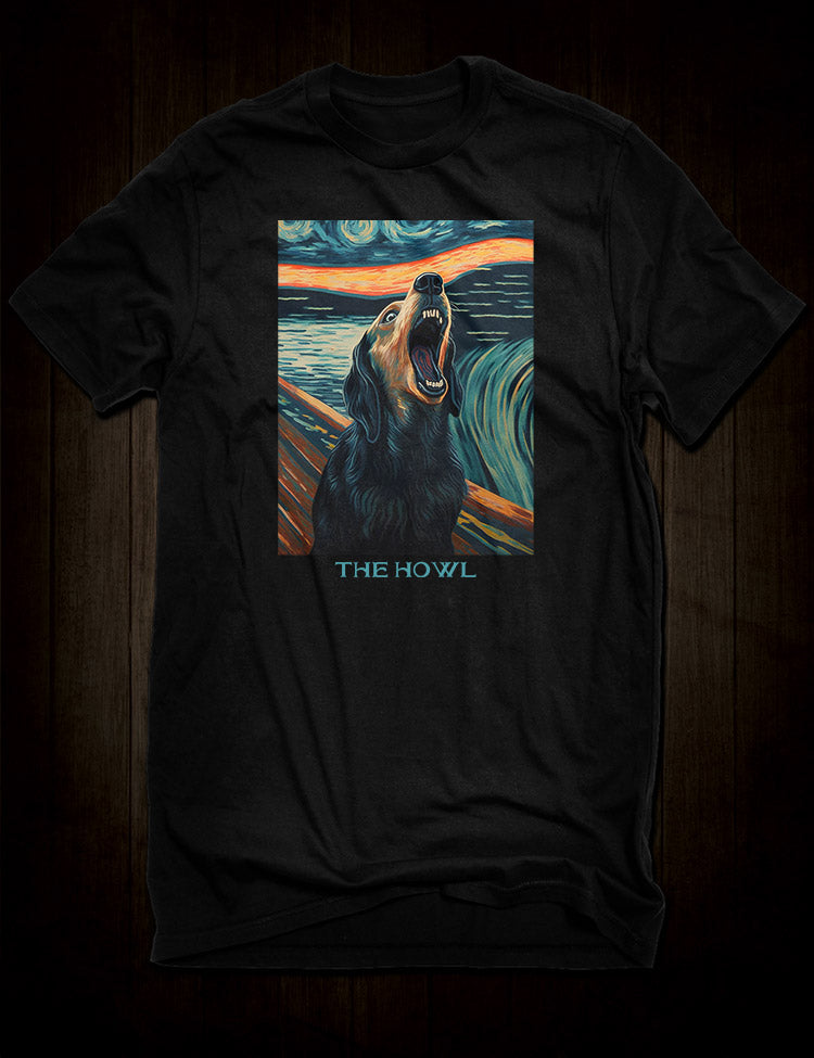 Dog howling parody t-shirt featuring Edvard Munch's The Scream