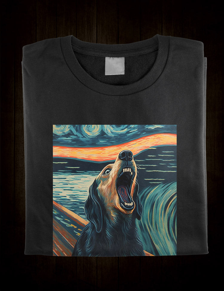 Edvard Munch parody t-shirt featuring a dog howling at the moon