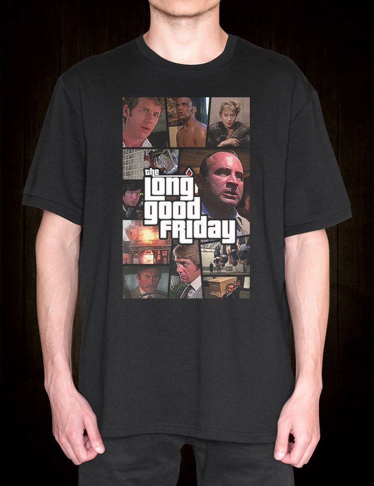The Long Good Friday t-shirt featuring iconic characters and imagery from the film.
